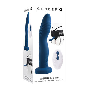 Gender X Snuggle Up Rechargeable Remote-Controlled Vibrating 7 in. Silicone Dildo and Lingerie-Style Strap-On Harness Set Blue/Black